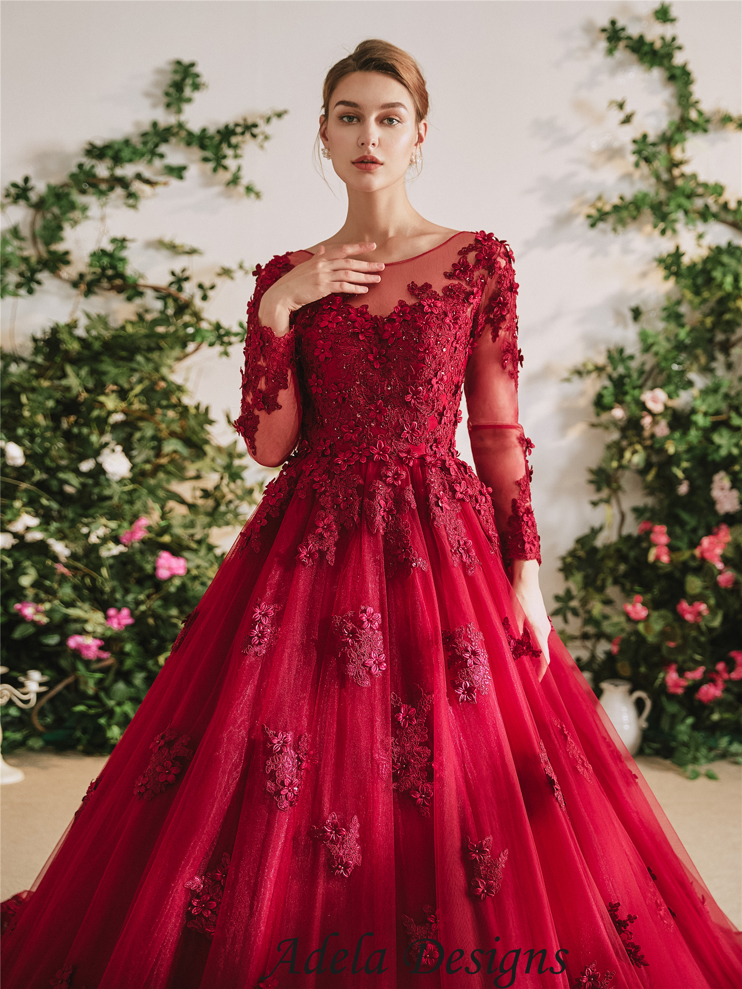 Dark Red Ball Gown Colorful Wedding Dress – Adela Designs