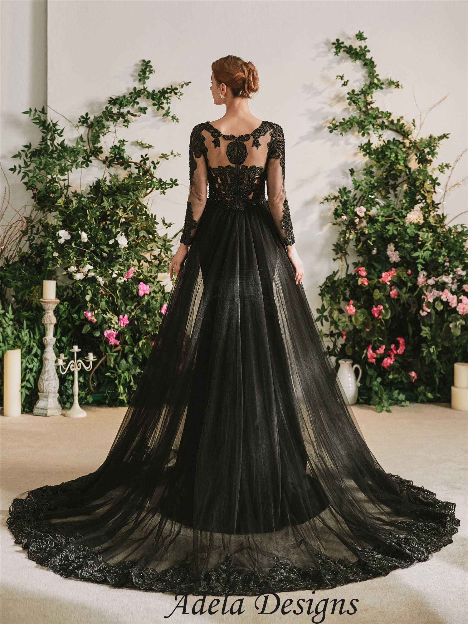 Black Mermaid Gothic Wedding Dress With Detachable Train – Adela Designs