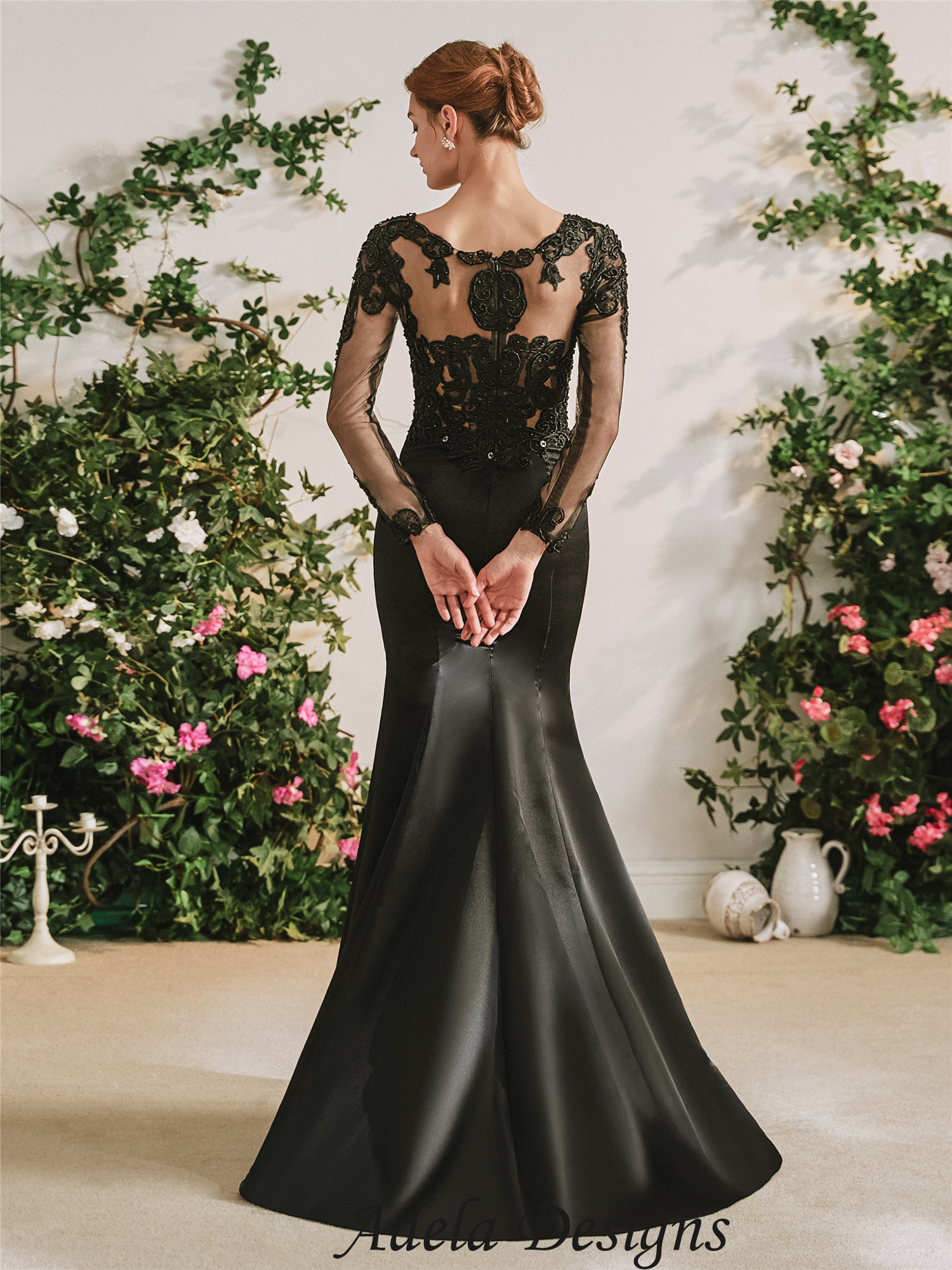 Black Mermaid Gothic Wedding Dress With Detachable Train – Adela Designs