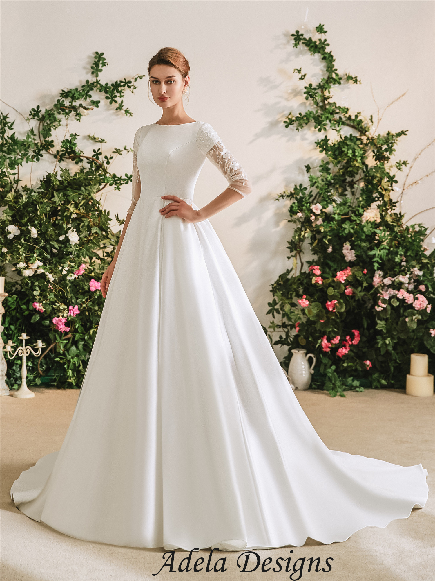 Modest Satin Wedding Dress With Sheer Sleeves – Adela Designs