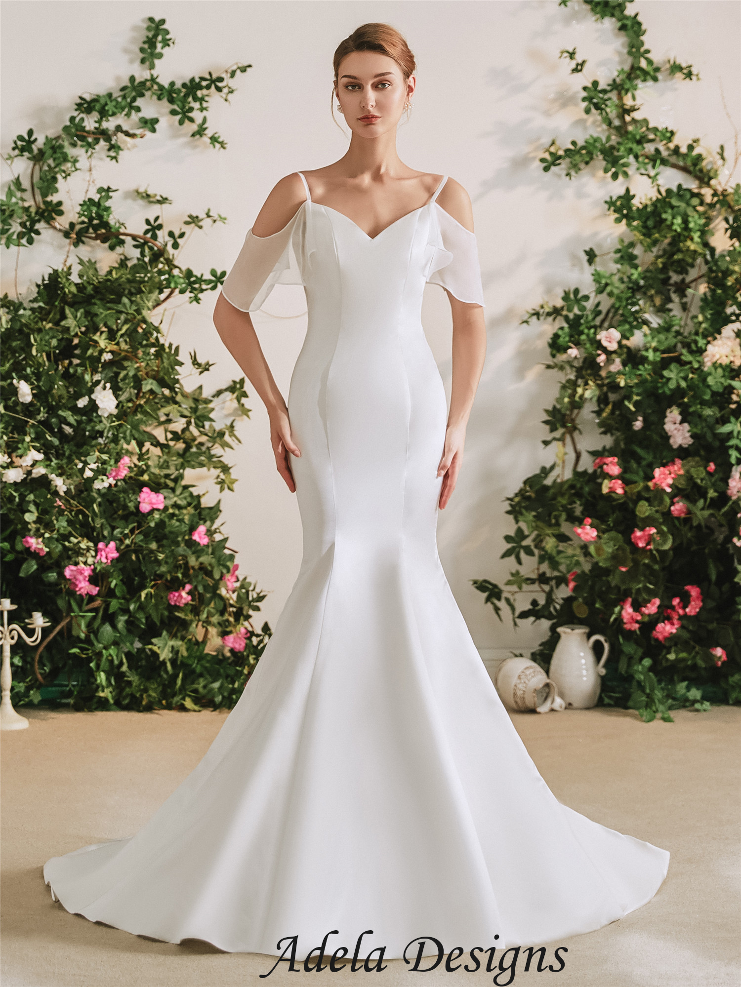 Simple Long Mermaid Off the Shoulder Chiffon Satin Wedding Dresses