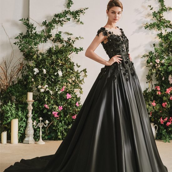 Black Satin Gothic Wedding Dress With 3D Flowers – Adela Designs