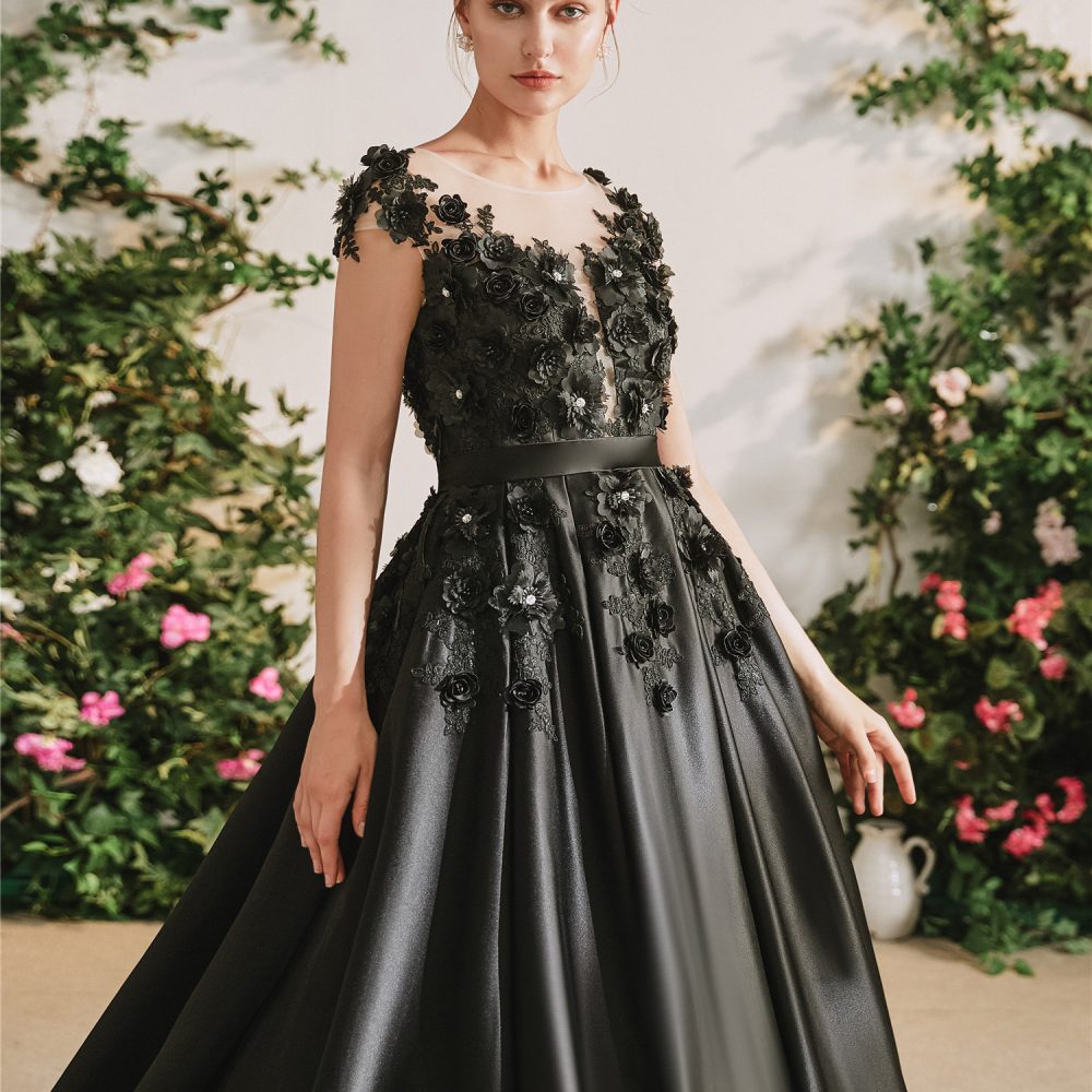 Black Satin Gothic Wedding Dress With 3D Flowers – Adela Designs