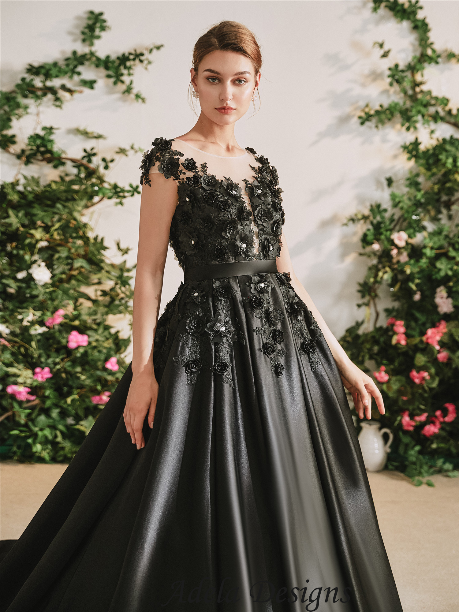 Black Satin Gothic Wedding Dress With 3