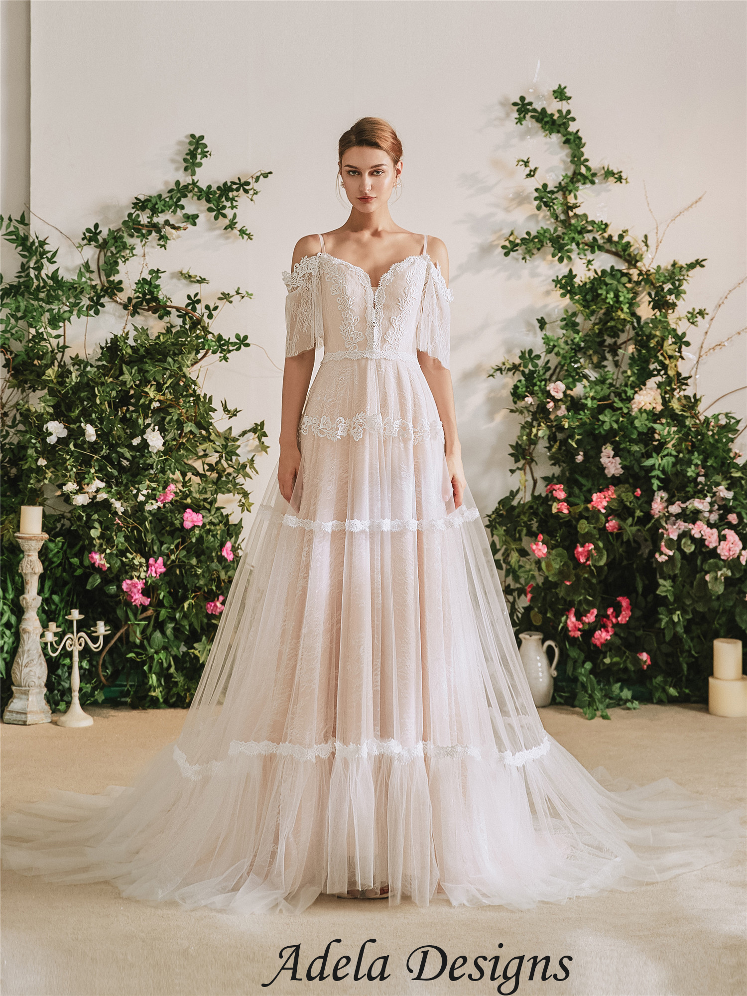 Pink Lace Tulle A-line Boho Wedding Dress Off The Shoulder – Adela Designs