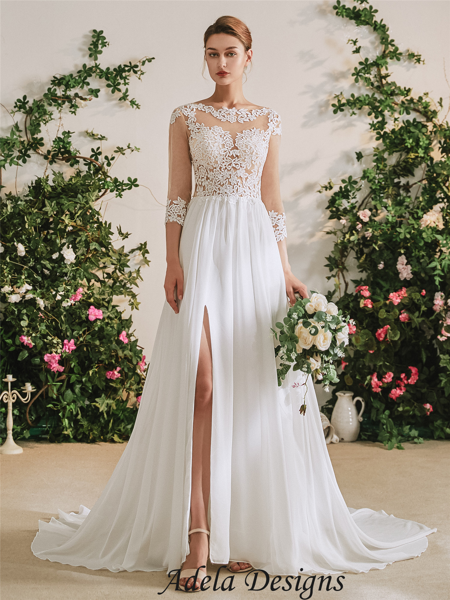 Wedding Dresses A-line Chapel Bateau Neck Train 3/4 Length Sleeves Bows  Satin Fabric White Bridal Gowns – Dbrbridal