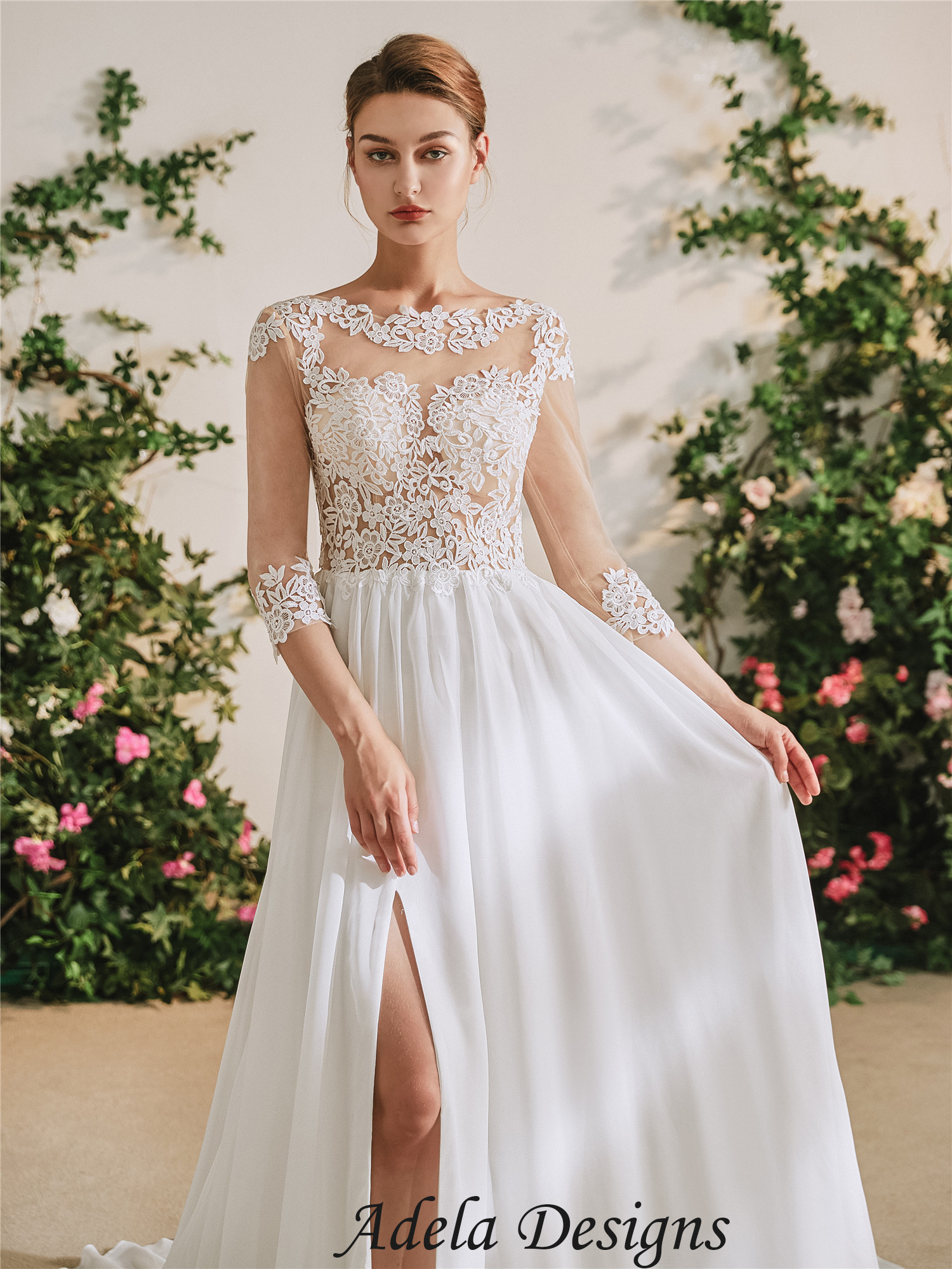 3/4 Sleeves Lace Chiffon Boho Wedding Dress – Adela Designs