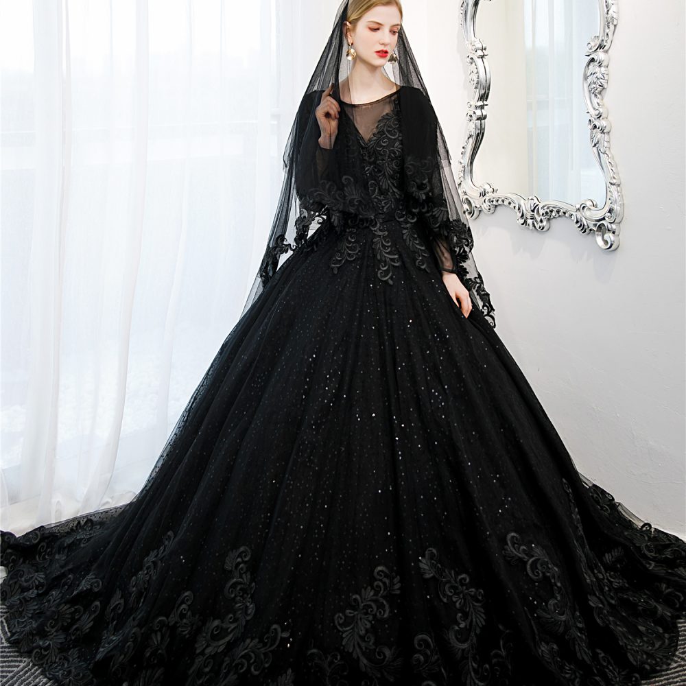 Black Gothic Wedding Dress Long Sleeves – Adela Designs