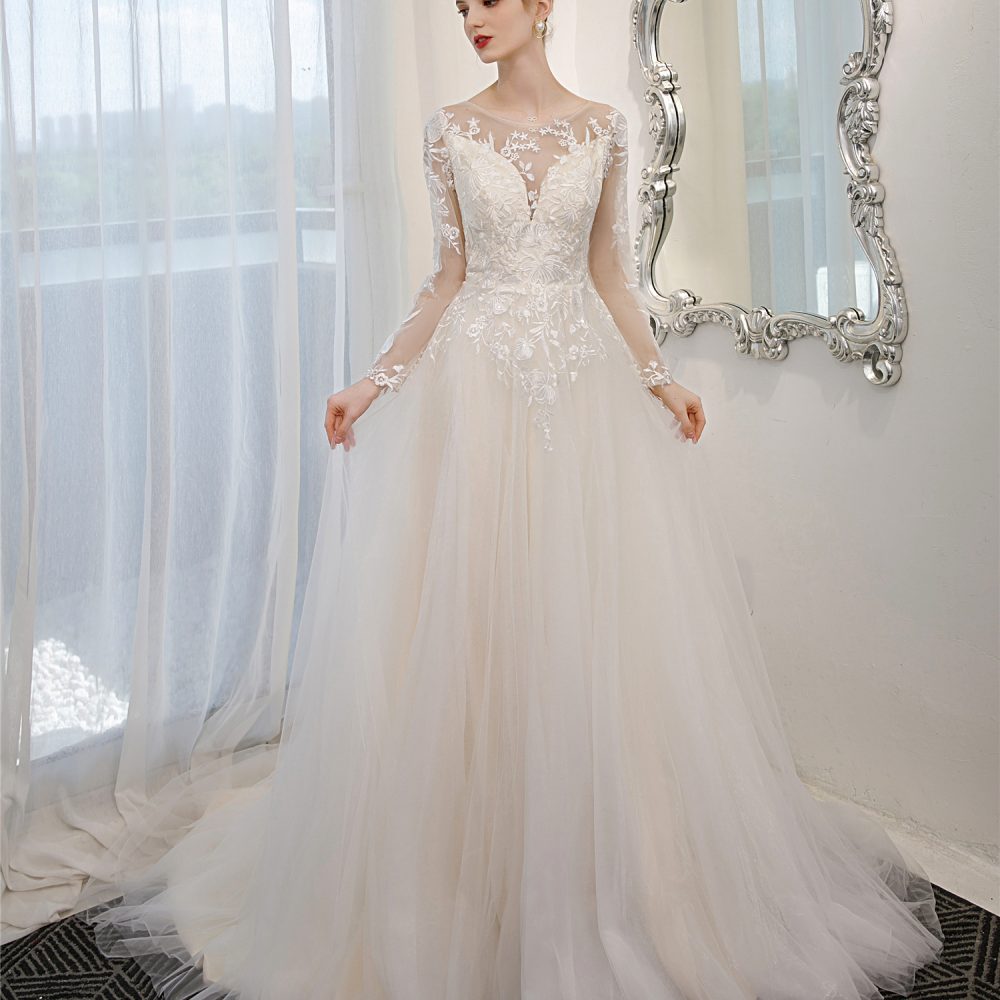 Ivory Champagne Long Sleeves Boho Wedding Dress – Adela Designs