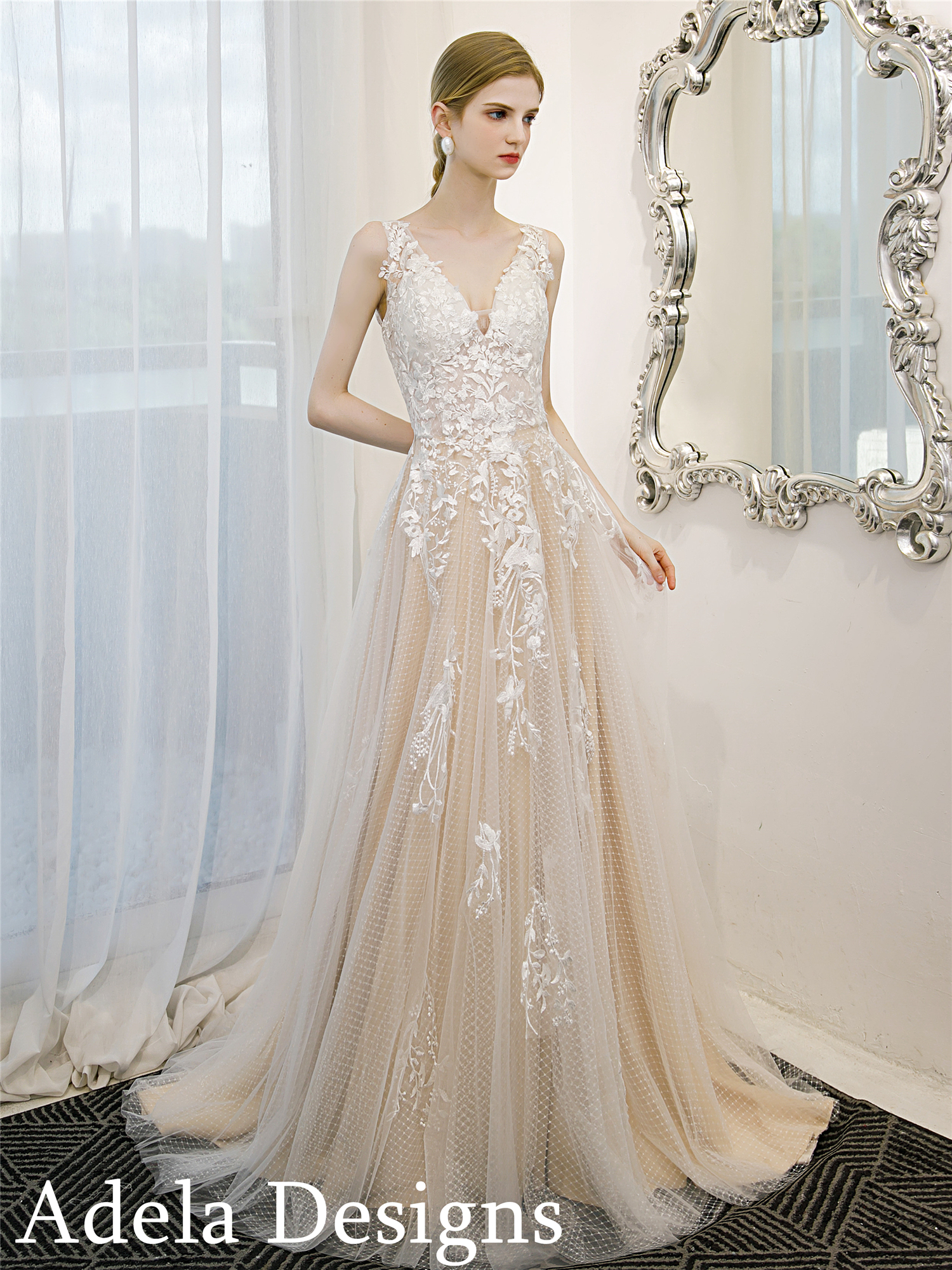 IVORY WEDDING LONG TRAIL GOWN WITH GOLDEN EMBROIDERY -