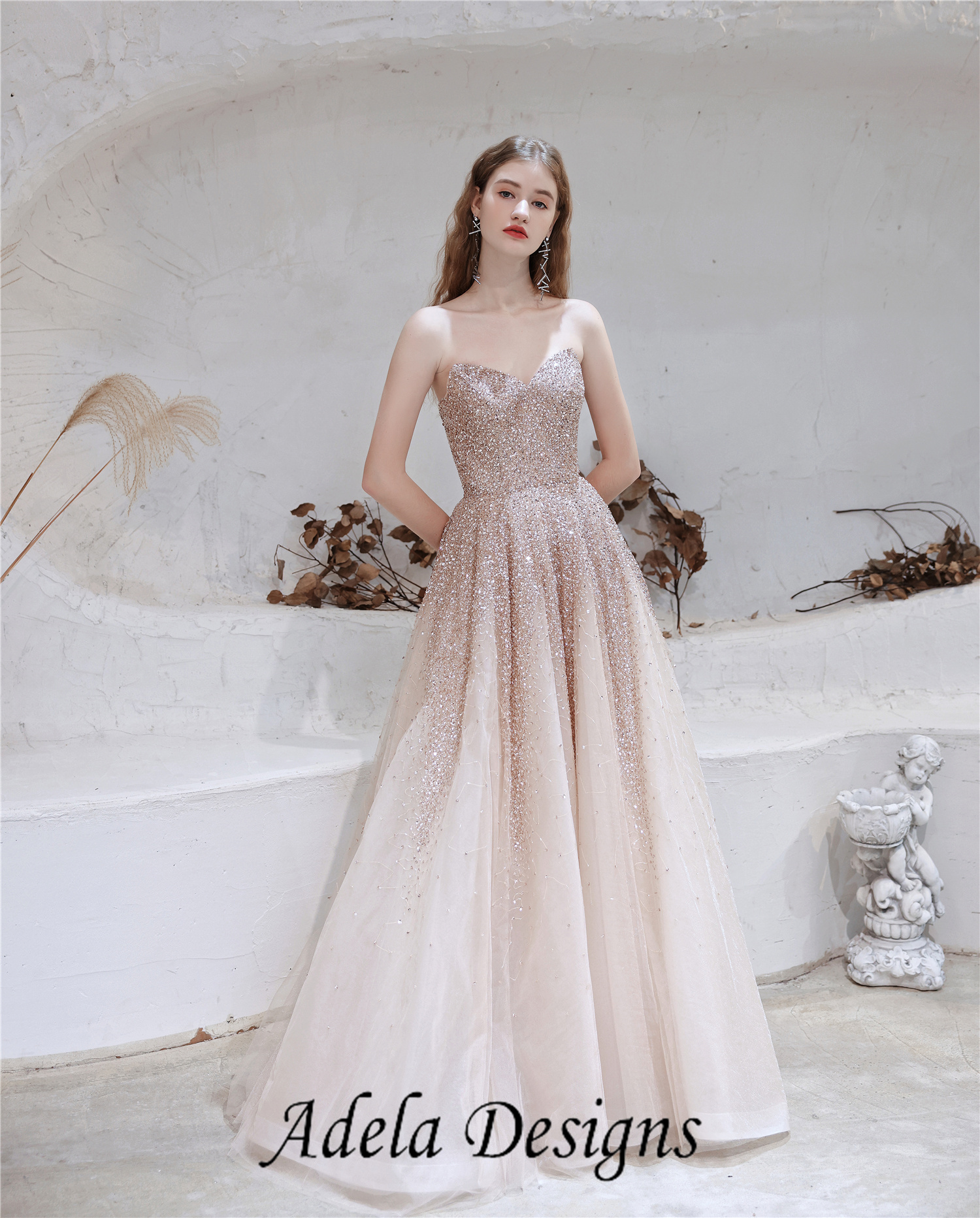 Rose Gold Heavily Beading Tulle Prom Dress With Detachable Cape – Adela ...