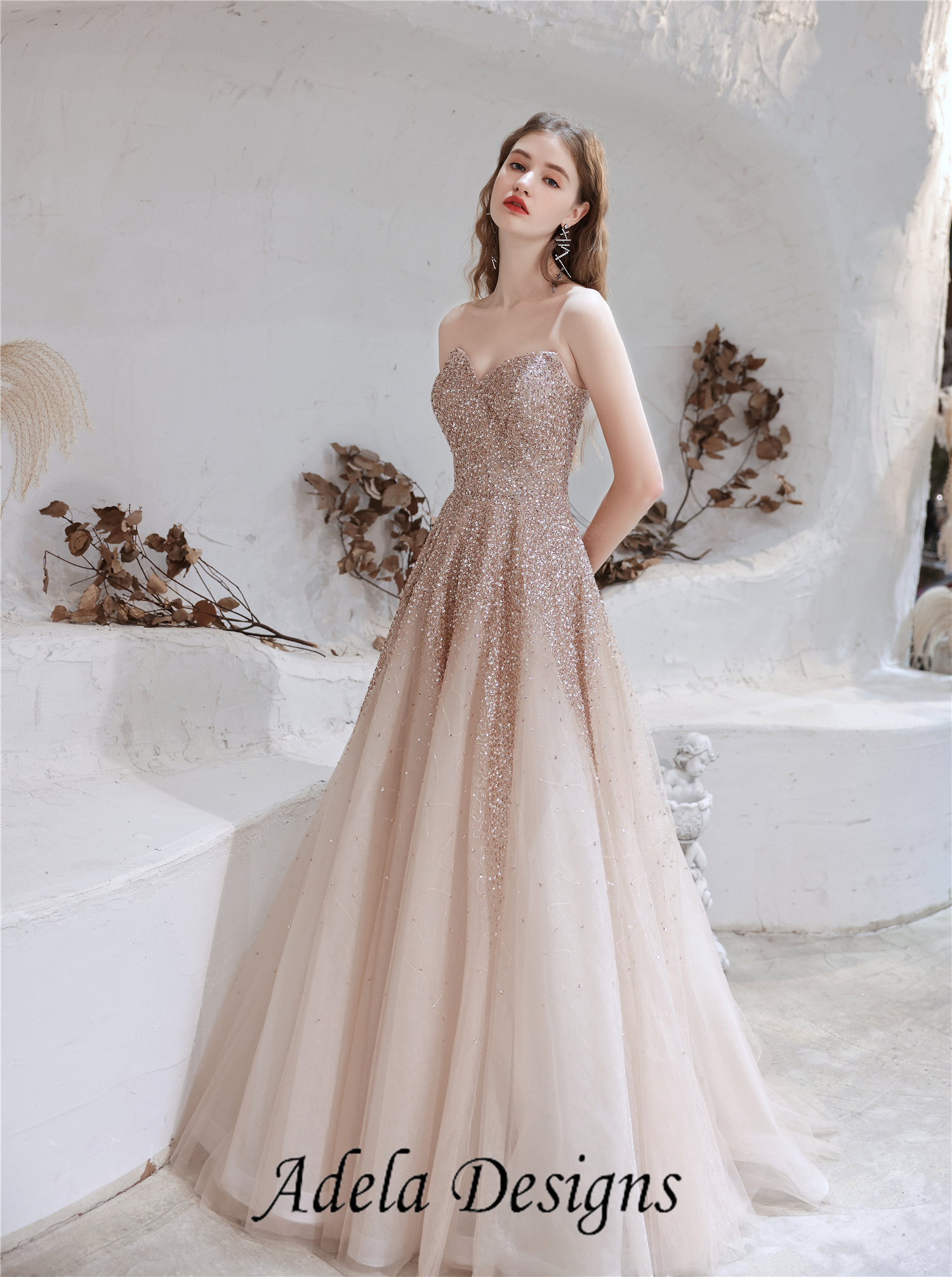 Rose Gold Heavily Beading Tulle Prom Dress With Detachable Cape – Adela ...