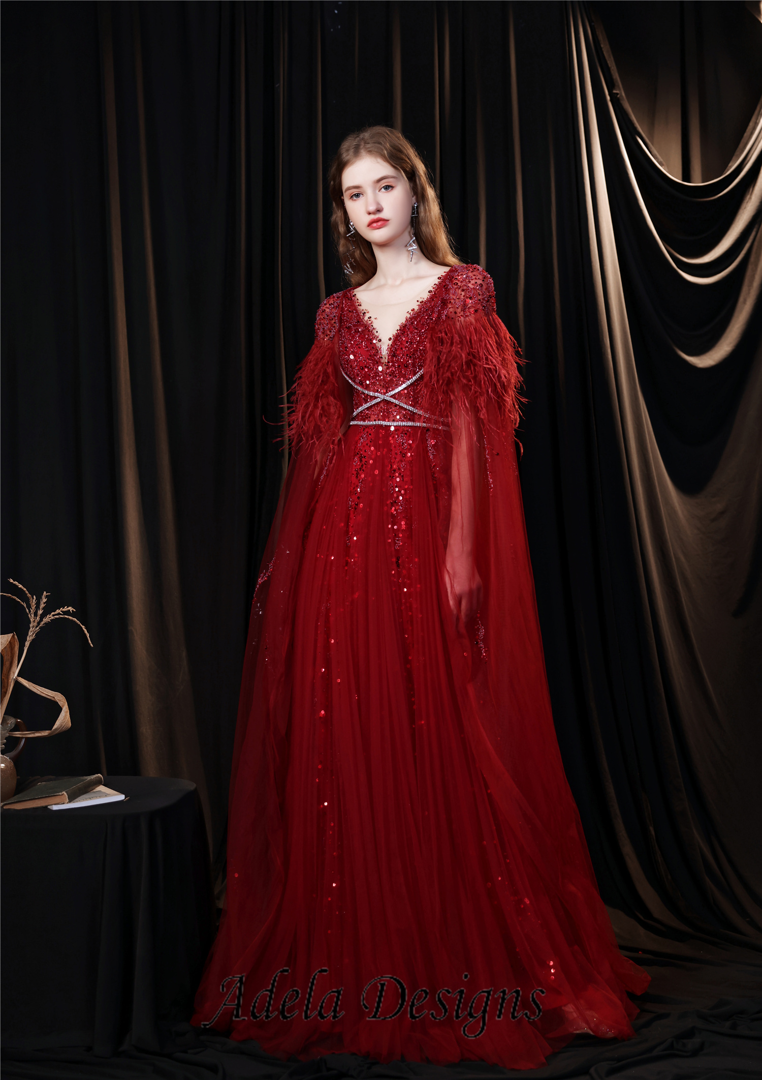 Burgundy 3D Petals Ruby Red Off-shoulder Tulle Slit Fairy Prom Dress