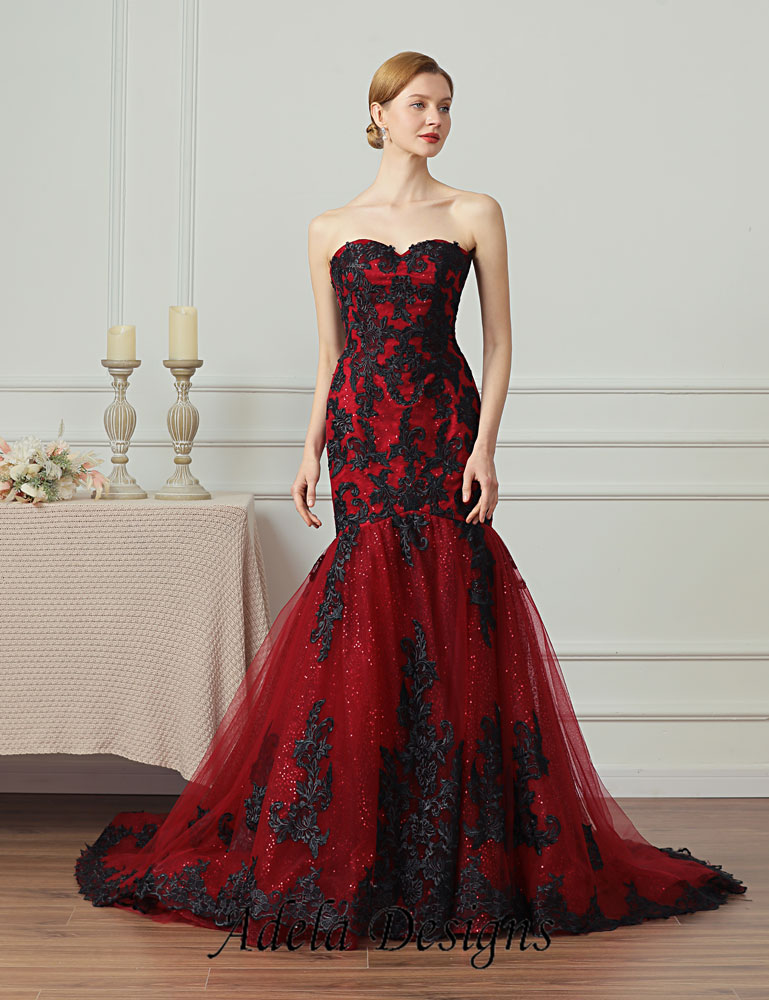 Black Dark Red Mermaid Gothic Wedding Dress
