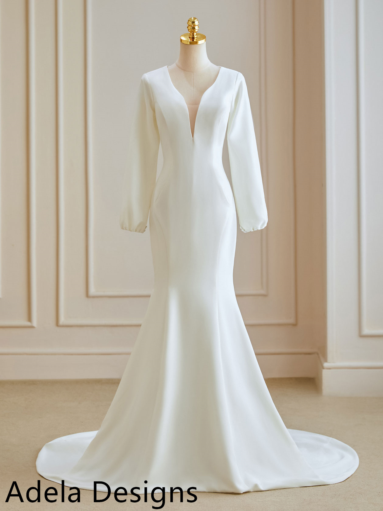 Mermaid Crepe Wedding Dress Bishop Sleeves – Adela Designs