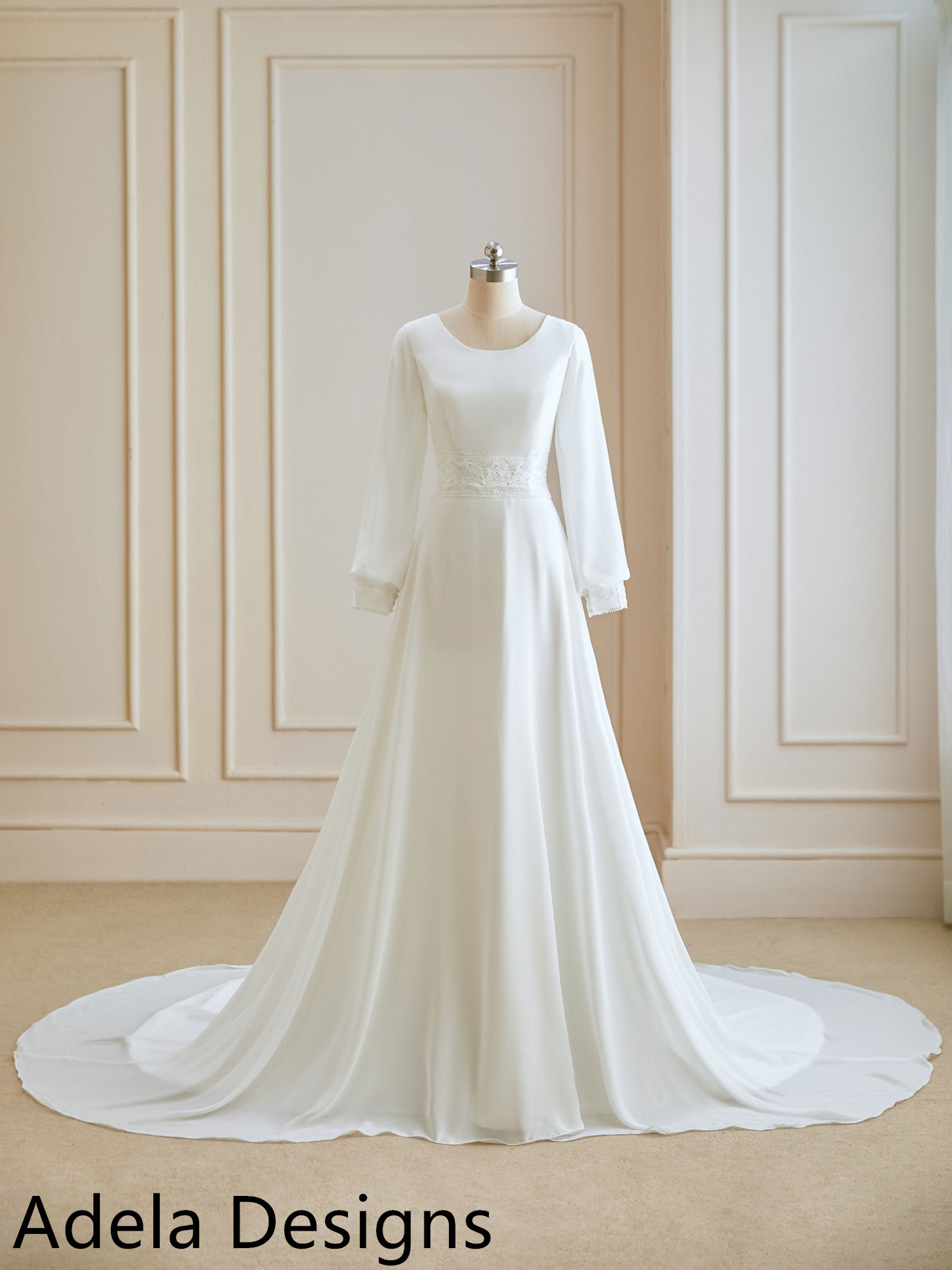 Bishop Sleeves Chiffon Modest Wedding Dress – Adela Designs