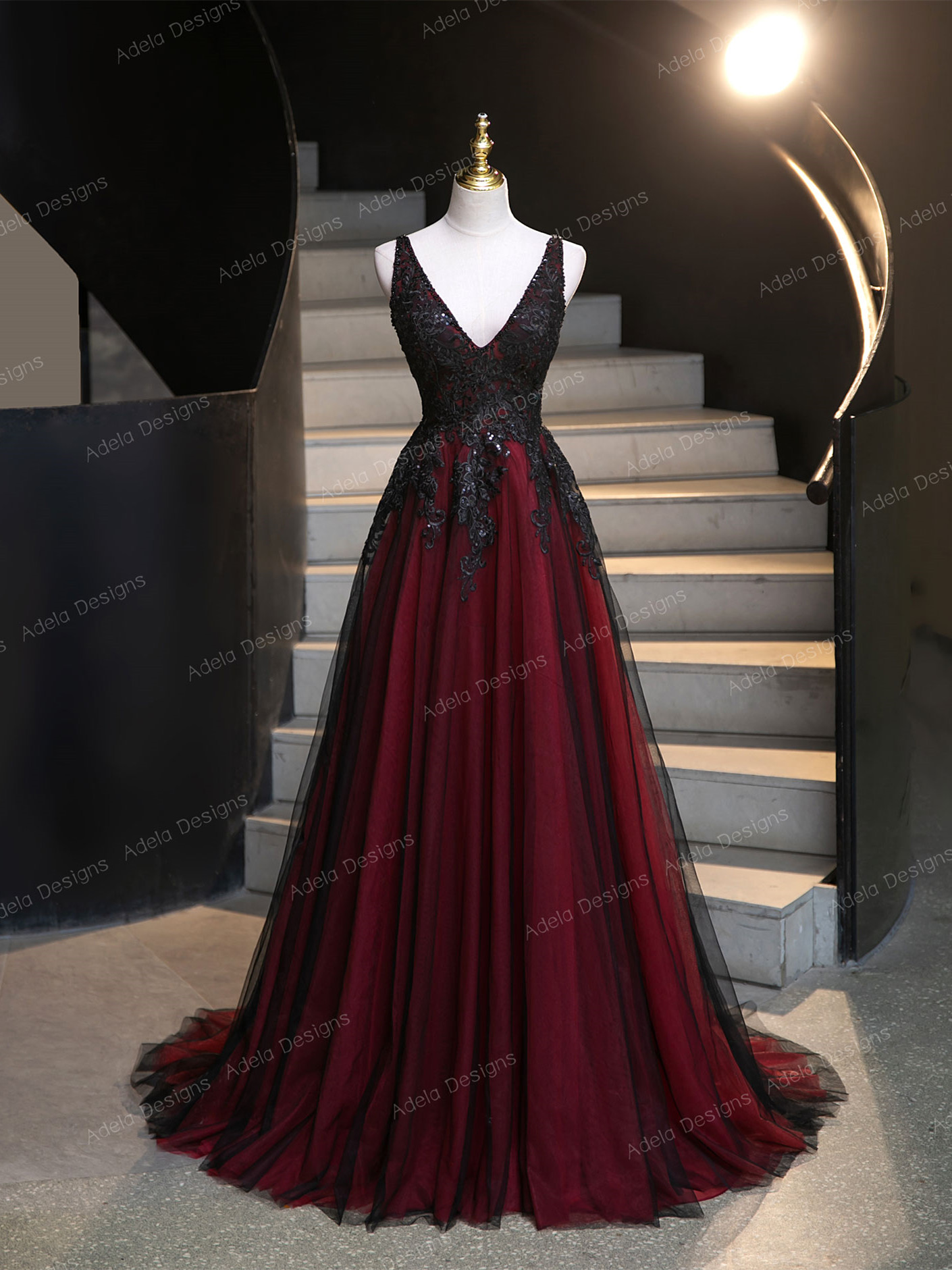 Vintage Dark Red Black Gothic Wedding Dress V Neck Sleeveless  Adela  Designs