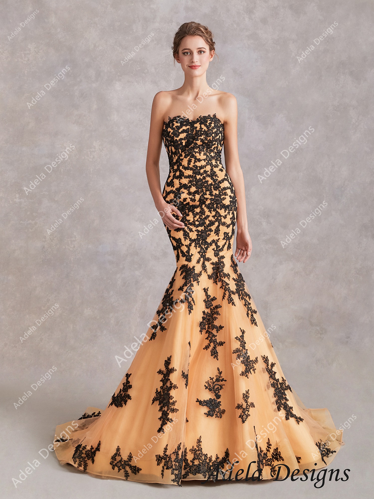 Gold/Yellow With Black Lace Mermaid Wedding Dress Non White  Adela Designs