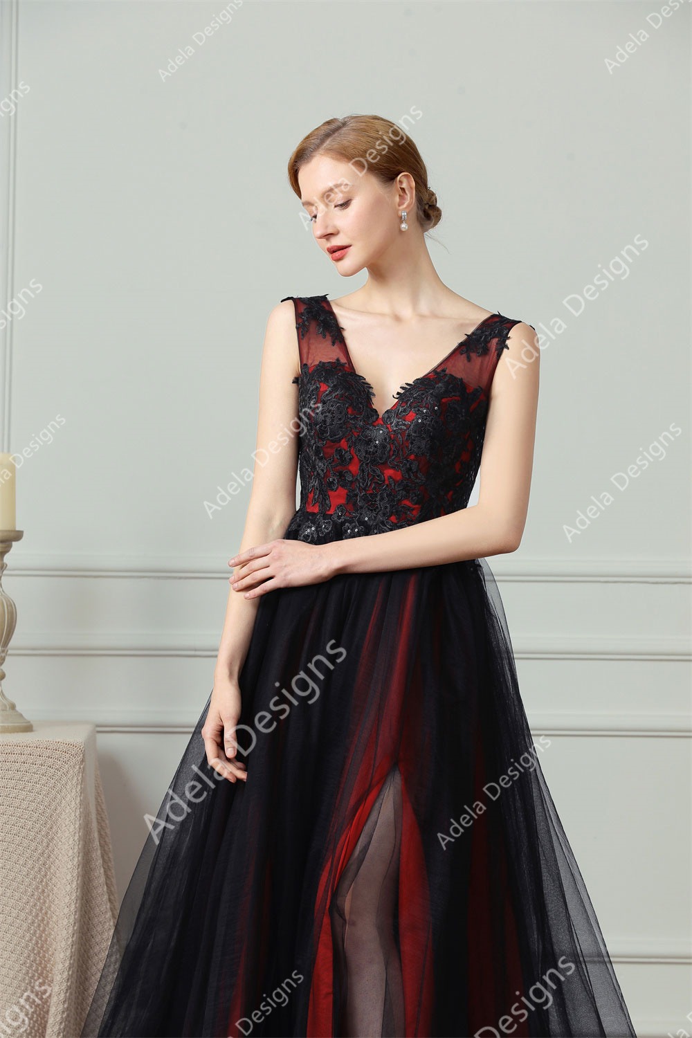 A-line Black Red Gothic Wedding Dress  Adela Designs