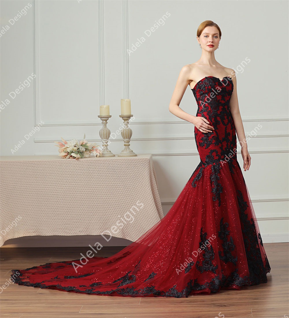 knee length dresses for ladies Black Gothic Sweetheart Appliques Tulle Wedding Dress COCOMELODY CW2504, 45 Days / As Picture:Black/Midnight Blue / US10-UK12-EUR40 main image 0